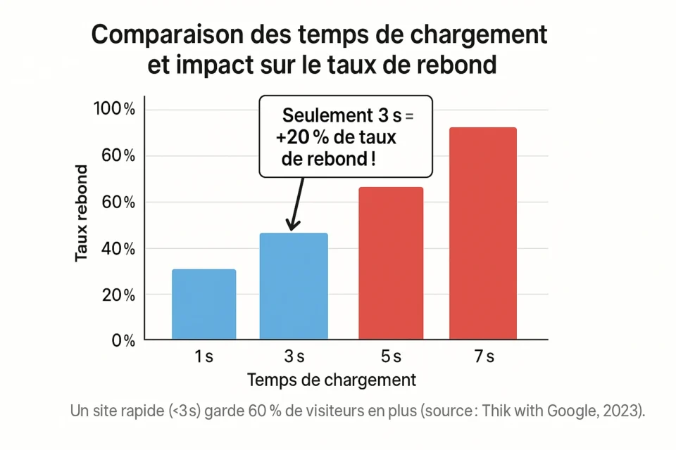 Graphique à barres sur l’impact du temps de chargement (1s à 7s) sur le taux de rebond (20% à 80%), avec un seuil à 3s (+20%), pour optimiser un site.