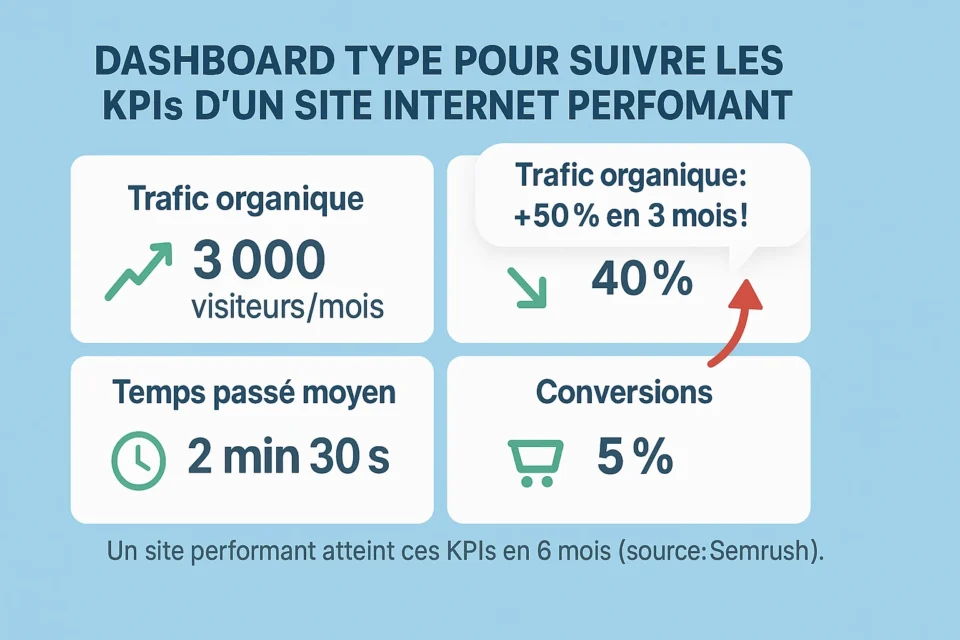 Tableau de bord des KPIs d’un site performant : trafic organique 3000 visiteurs/mois, taux de rebond 40%, temps moyen 2min30s, conversions 5%, sur unsiteweb.fr.