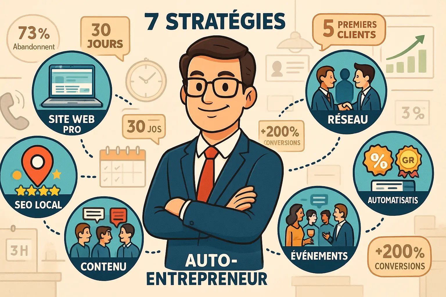 Auto-entrepreneur confiant entouré de 7 stratégies marketing efficaces pour décrocher 5 premiers clients en 30 jours - SEO local, site web pro, réseau, contenu, événements, automatisation