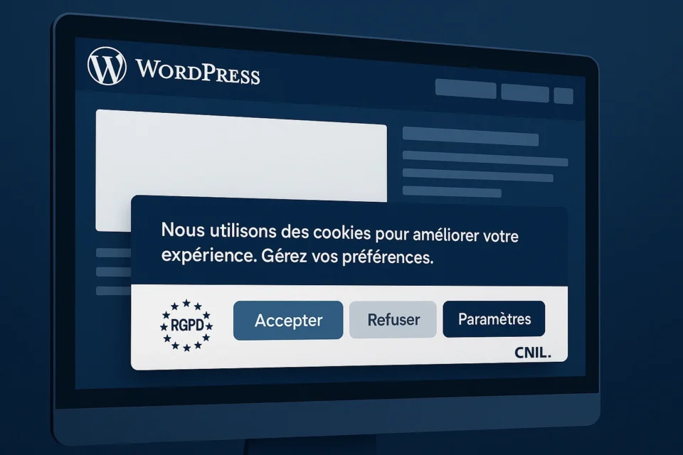 Illustration d’un bandeau de consentement aux cookies sur un site WordPress, avec les options Accepter, Refuser et Paramètres, conforme au RGPD et supervisé par la CNIL.