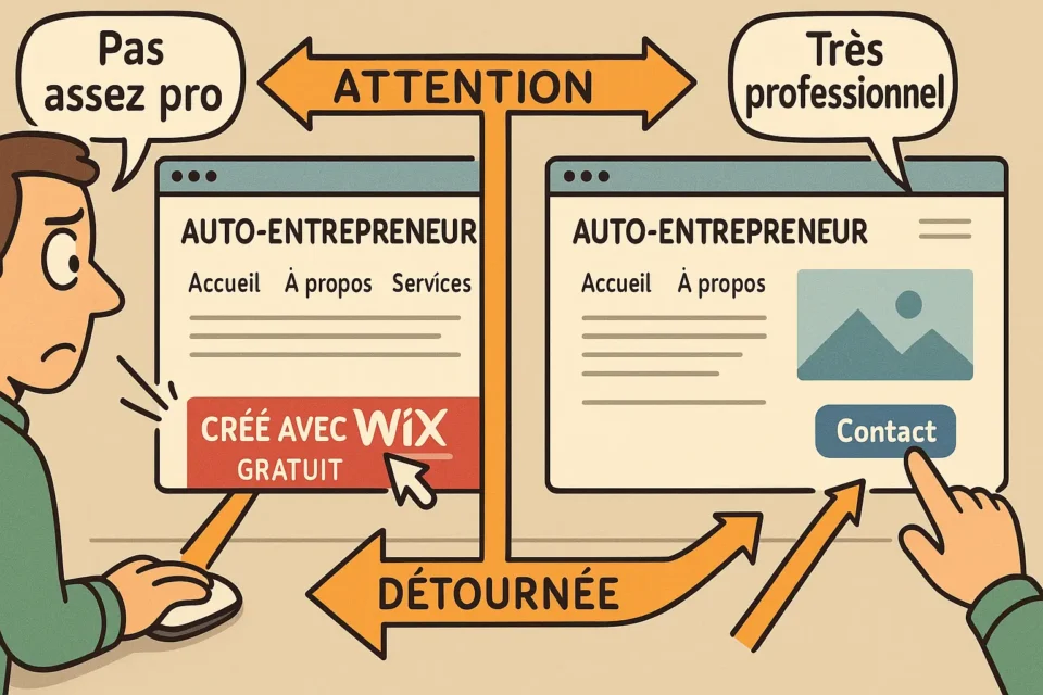 Bannière publicitaire Wix détournant attention des prospects du bouton Contact vers publicité, réduisant conversions auto-entrepreneur