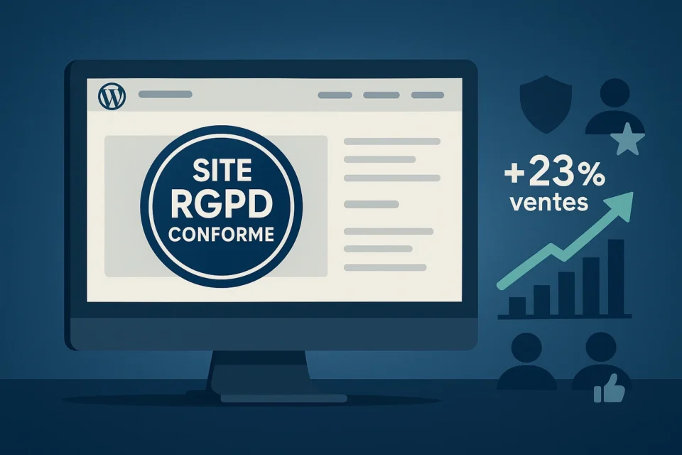 Illustration d’un site WordPress conforme au RGPD avec un badge, un graphique montrant +23% de ventes, et des symboles de confiance des clients.