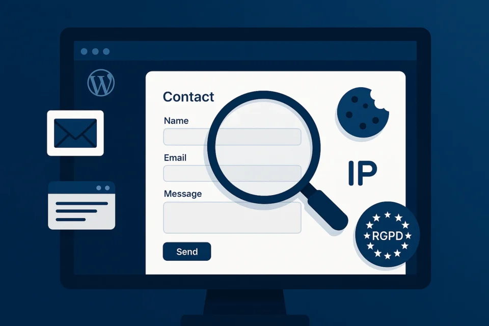 Illustration d’un formulaire WordPress collectant des données personnelles (nom, email, IP, cookies) avec une loupe symbolisant la transparence, conforme au RGPD.