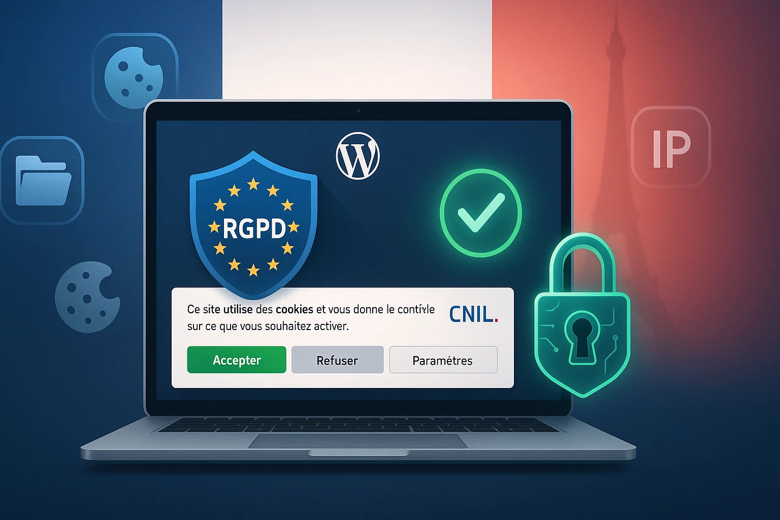 Illustration d’un ordinateur portable affichant un site WordPress avec un bandeau de consentement RGPD, un logo CNIL, et des symboles de sécurité comme un cadenas et une coche verte, sur fond tricolore français avec la Tour Eiffel.