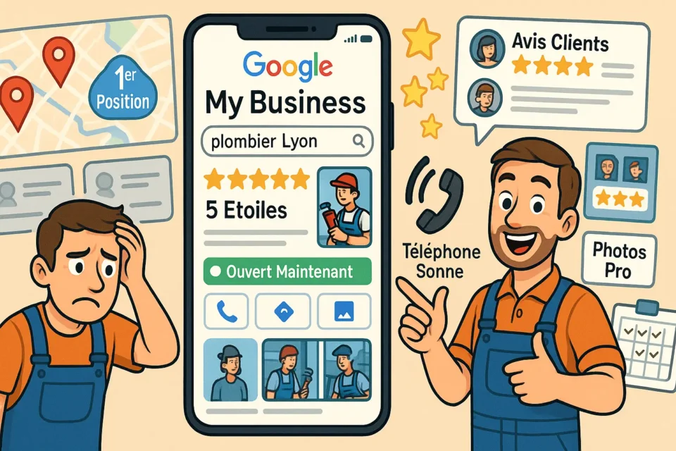 Auto-entrepreneur optimisant sa fiche Google My Business pour apparaître premier dans recherches locales et décrocher clients
