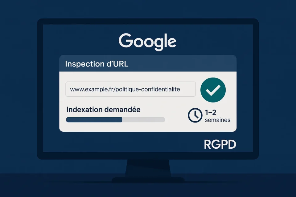 Illustration de Google Search Console affichant l’indexation d’une page de politique de confidentialité, avec un délai de 1-2 semaines, conforme au RGPD.