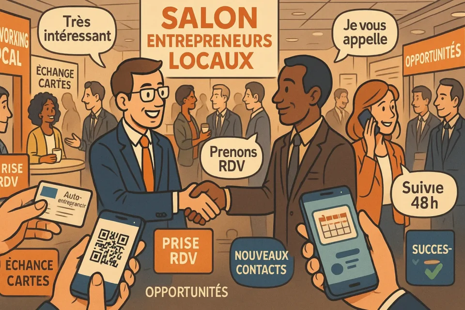 Auto-entrepreneur réussissant son networking lors d'événements locaux pour créer réseau professionnel et décrocher clients