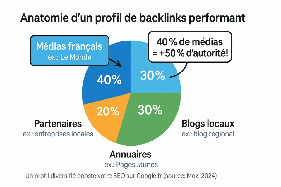 Graphique en camembert sur un profil de backlinks performant : 40% médias français, 30% blogs locaux, 20% annuaires, 10% partenaires, pour SEO Google.fr.