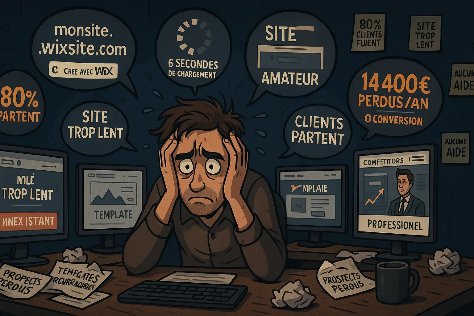 Auto-entrepreneur frustré par les limitations de son site Wix gratuit - URL amateur, site lent, templates reconnaissables, 80% des clients partent vers la concurrence professionnelle