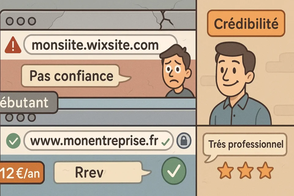 Comparaison impact URL amateur monsite.wixsite.com versus domaine professionnel monentreprise.fr sur crédibilité auto-entrepreneur
